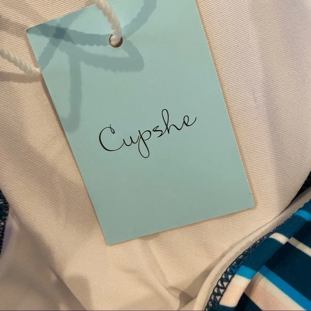 Cupshe NWT Sz Medium One Piece Swimsuit W/ Cutouts, Blue Floral & Stripes Print